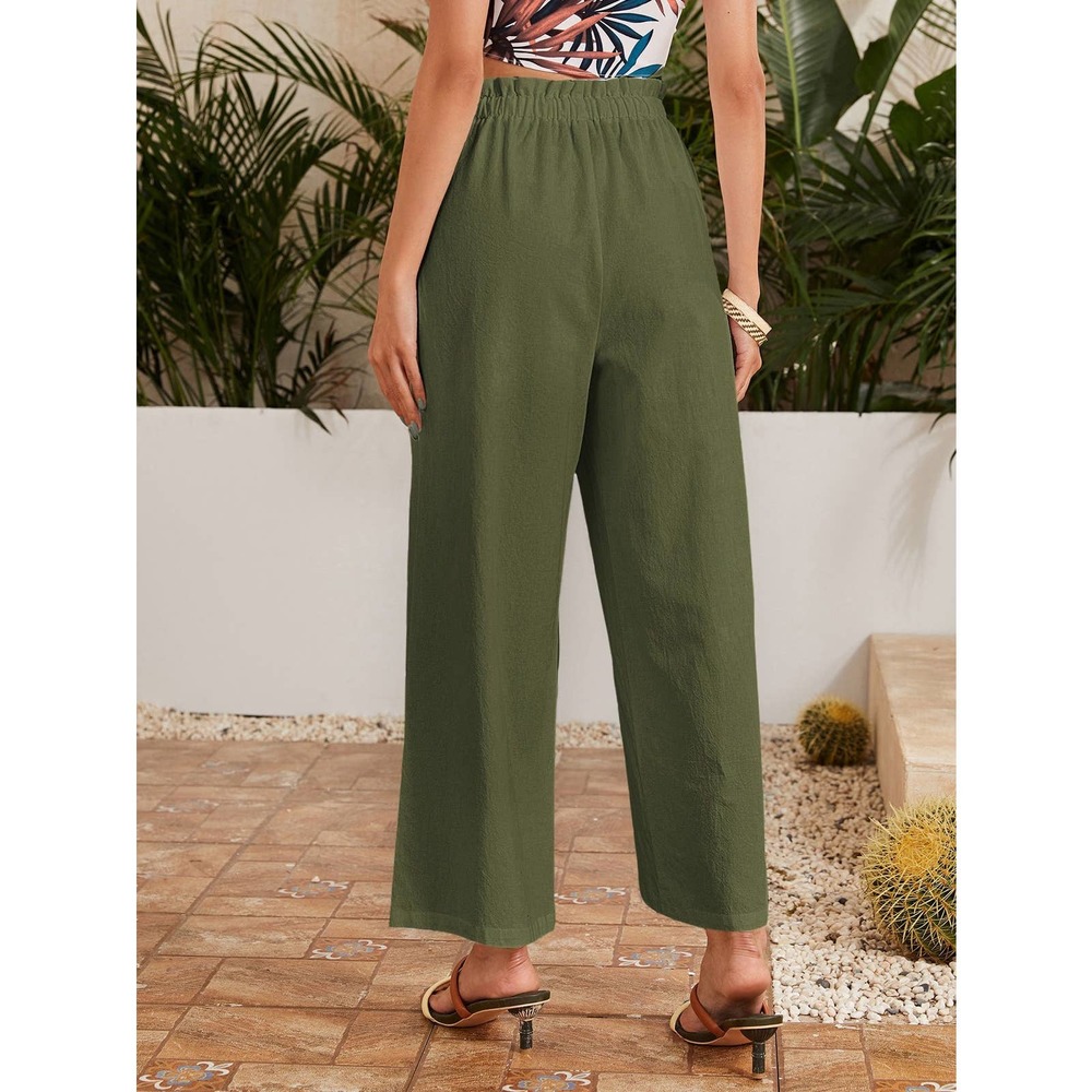 High waisted Frilled Waist Solid Wide Leg Pants green - Picture 10 of 13